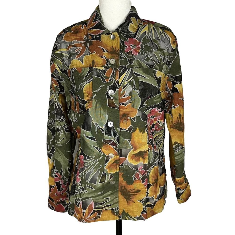 Chico's Size‎ 1 Semi-Sheer Floral Print Light Jacket w/ Pocket Button Front